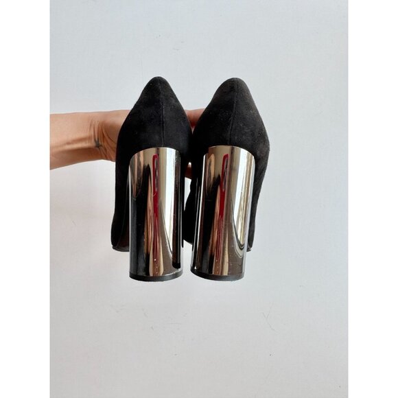 CASADEI Black Suede Leather Pointed Toe High Mirrored Block Heel Pumps, Size 36 - Picture 9 of 16